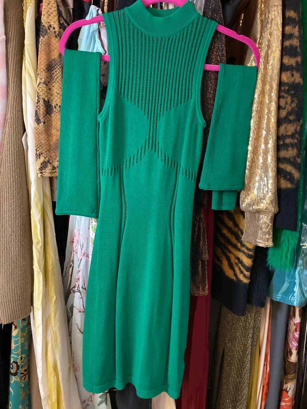 Maniere De Voir Emerald Green Knit Midi Dress with Cutout Shoulders